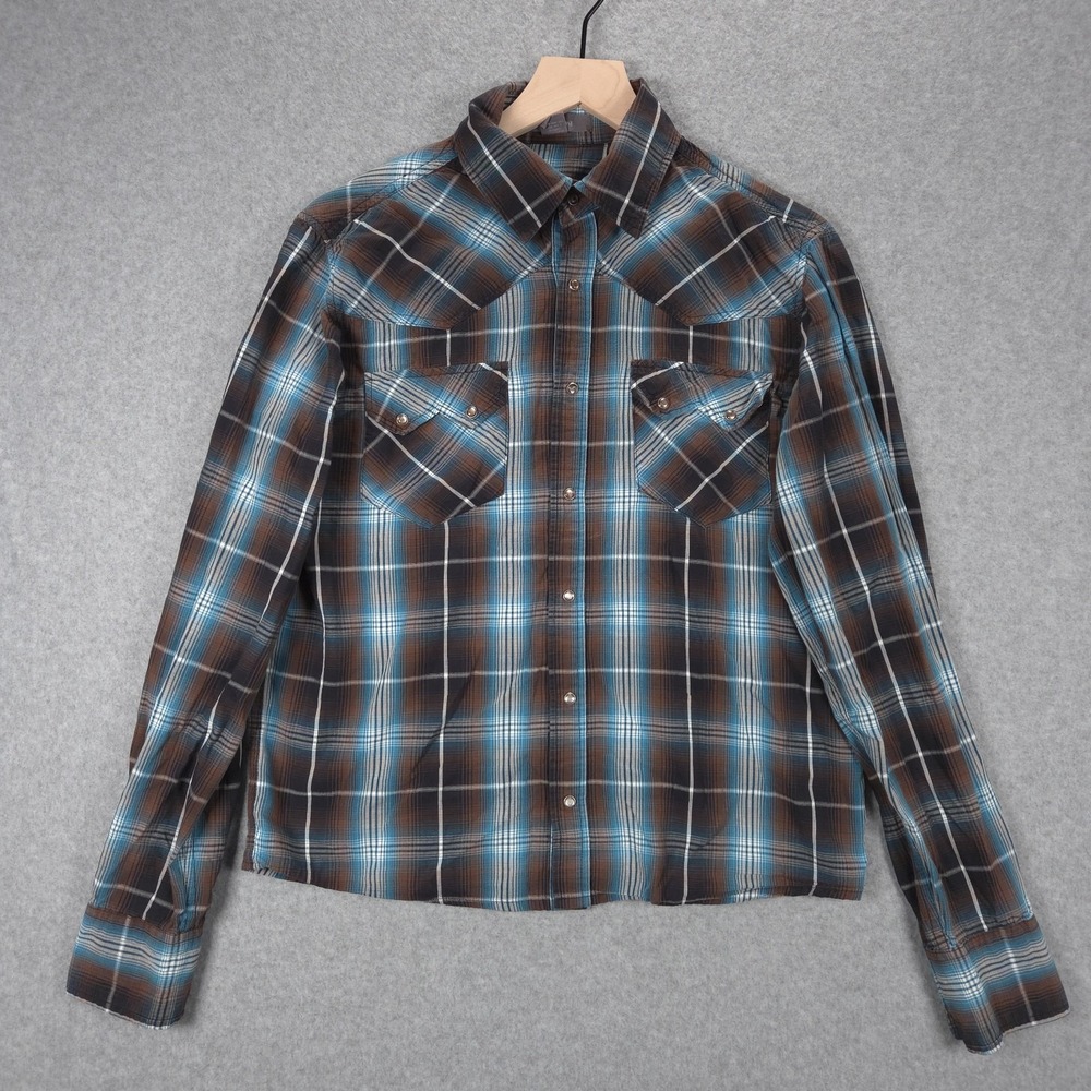 Heritage 1981 Mens Size Medium Blue Brown Plaid Western Pearl Snap Shirt Cowboy